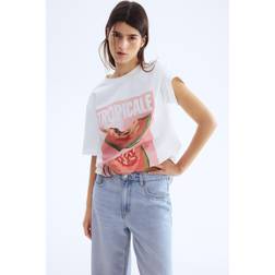 H&M T-Shirt Mit Perlenverzierung - Weiß/Tropicale