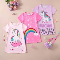 Shein Girls Cute Floral Rainbow Unicorn Sleeveless Long Nightgown Set - Colorful