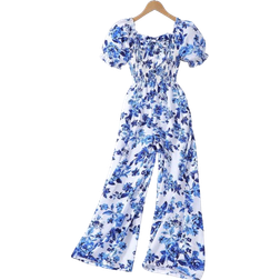 Shein Tween Girls Allover Print Surplice Neckline Puff Sleeve Jumpsuit - Summer Resort