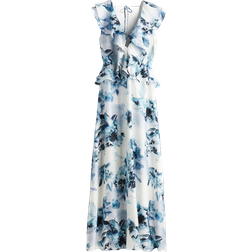 H&M Flounce-Trimmed Dress - White/Blue/Dark Blue/Floral
