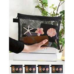 Shein Women's Black Mesh Cosmetic Bag With Starfish And Shell Print