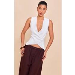 PrettyLittleThing Premium White Linen Blend Button Asymmetric Waistcoat
