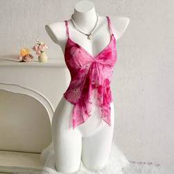 Shein Pink Floral Print Ruffle Hem V-Neck Vacation Cami Top