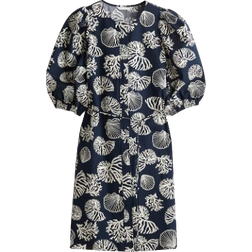 H&M Dress with Puff Sleeves - Navy Blue/White
