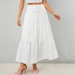 Shein Women Solid Color High Waist Tie Ruffled Hem Maxi Skirt