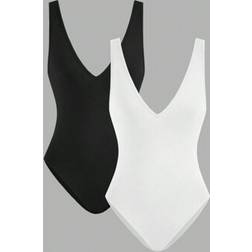 Shein Plus Size V-Neck Sleeveless Backless Bodycon Suit - Black White
