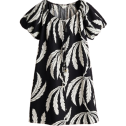 H&M Drawstring-Neck Dress - Black/Leaf-Patterned