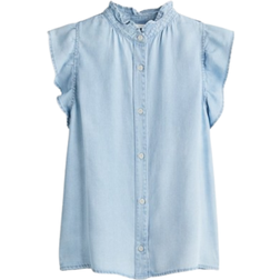 H&M Frill-Trimmed Denim Blouse - Light Denim Blue