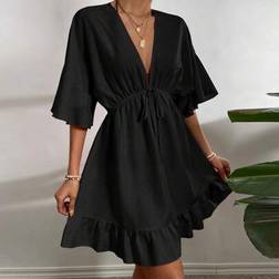Shein Solid Ruffle Hem Tie Front Cover Up - Beach