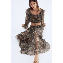 H&M Nederdel I Chiffon Med Flæser - Marineblå/Mønstret
