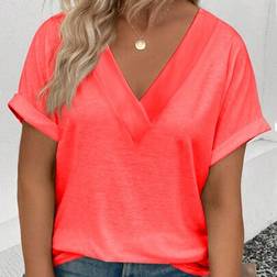 Shein Plus Size V-Neck Rolled-Up Sleeve T-Shirt - Summer