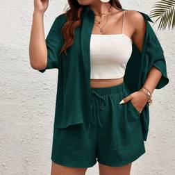Shein Plus Size Summer Solid Color Drop Shoulder Pocket Blouse And Shorts - 2pcs