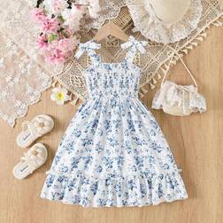 Shein Flower Print Suspender Butterfly Ruffle Trim Young Girl's Dress