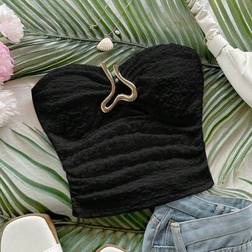 Shein Vacation Black Knit Textured Crop Tube Top Front Hollow Heart Metal Buckle - Black