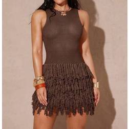 Shein Bodycon Sweaterkleid Rundhalsausschnitt Ärmelloser Silhouette Gefranstes Saum
