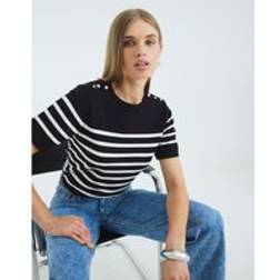 River Island Womens Black Striped Button Detail Knitted T-Shirt
