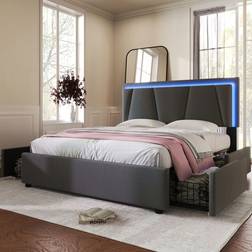 ModernLuxe Adulte 2 Tiroirs Et LED 160x200 cm Gris Lit avec Cadre
