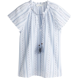 H&M Drawstring-Detail Cotton Blouse - White/Blue Striped