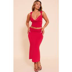 PrettyLittleThing Slinky Drape Detail Midi Skirt - Red