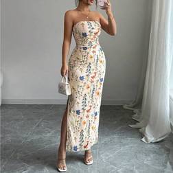 Shein Damen Elegantes Bodycon Wickelkleid Mit Rüschen Blume Muster Bustier Oberteil