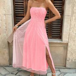 Shein 3D Blumen Kontrast Mesh Schlitz Trägerloses Damen Kleid