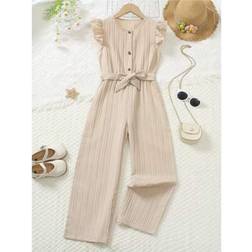 Shein Tween Girls Casual Chiffon Cap Sleeve Jumpsuit With Belt - Simple Solid Color