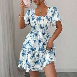 Shein Elegant Floral Print Ruffle Trim Fitted Mini Dress