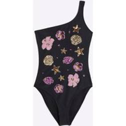 River Island Womens Black Sequin One Shoulder Swimsuit