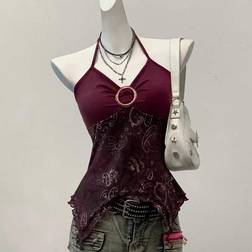 Shein Gestricktes Burgunderrotes Retro Druckgitter Top - Damen