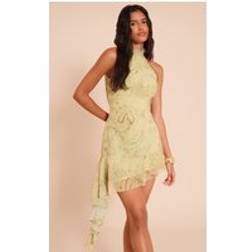 PrettyLittleThing Paisley Print Chiffon Halter Neck Frill Detail Shift Dress - Green
