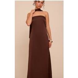 PrettyLittleThing Satin Bandeau Scarf Detail Maxi Dress - Chocolate