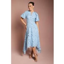 Coast Lace Hanky Hem Puff Sleeve Dress - Light Blue