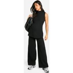 boohoo Womens Maternity Soft Rib Wide Leg Trousers Black