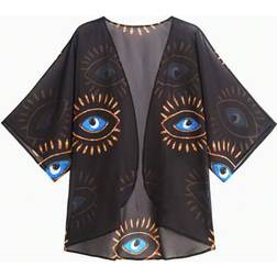 Shein Plus Size Eye Print Kimono Cover Up Spring - Black
