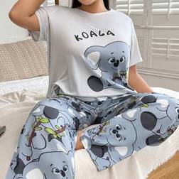 Shein Plus Size Viscose Knitted Koala Print Short Sleeve Pajama Set - Grey