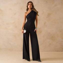 Shein Damen Asymmetrischer Taillierter Jumpsuit Mit Weitem Bein - Schwarz