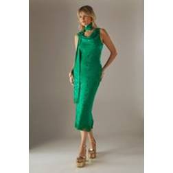 Warehouse Womens Satin Jacquard Cowl Scarf Neck Fringe Midi Slip Dress - Bright Green
