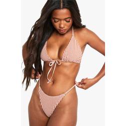 boohoo Seersucker Gingham Tanga Bikini Brief - Brown