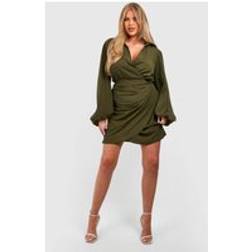 boohoo Womens Plus Blouson Sleeve Wrap Dress - Khaki