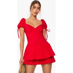 boohoo Mini Jurk Met Franjes En Pofmouwen - Red