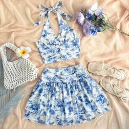 Shein Tween Girls Elegant Printed Halter Tie Bow Sleeveless Top Skirt - 2pcs
