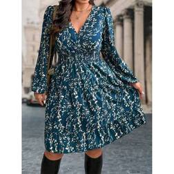 Shein Plus Size Full Floral Print Long Sleeve Ruffle Hem Dress - Autumn