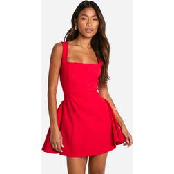 boohoo Square Neck Full Skirt Mini Dress - Red