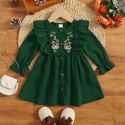 Shein Baby Girl Floral Embroidery Ruffle Trim Flare Sleeve Dress