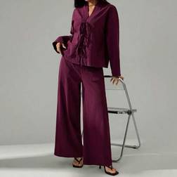 Shein Casual Elegant Tie Front Blouse High Waist Elastic Leg Pants Set