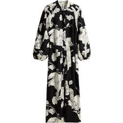 H&M Linen Blend Tie Belt Dress - Black/White Floral