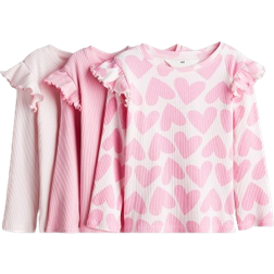 H&M Frill-Trimmed Jersey Tops 3-pack - Pink/Hearts (1246511001)