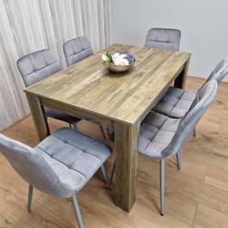 Kosy Koala Rustic Effect Wood Table 6 Grey Velvet Chairs Dining Set