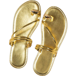 Shein Women's Two Wearing Ways Flat Sandals With Toe Ring Strap, Gold,2024 New