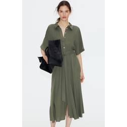 H&M Tie-Belt Shirt Dress - Dark Khaki Green